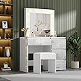 BSTSEL White High Gloss Dressing Table with Adjustable Brightness Mirror, Vanity Desk with LED Lights, Bedroom Makeup Desk with 4 Drawers and Stool