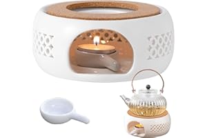 Capgoost Calientaplatos para tetera, calientaplatos de porcelana blanca hueco con alfombrilla de corcho y portavelas, teteras de porcelana, calentadores de té, calentador de té, adecuado para calentar