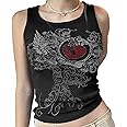 FeMereina Women's Elves Print 90s Crop Cami Tops Casual Sleeveless Graphic Ribbed Fairy Grunge E Girls Tank Vest Streetwear