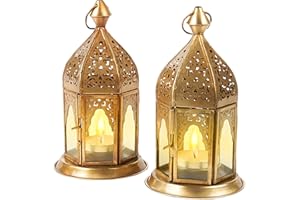 MARRAKESCH ORIENT & MEDITERRAN INTERIOR Conjunto de 2 Linterna Oriental de Metal y Cristal Basem 16cm Claro | Luces de Viento marroquí | Faro de Cristal para Interior | Lámpara para Exterior | Linterna de jardín