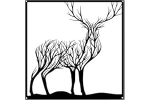 Huspox 40cm Tree Deer Metal Wall Art Decor Black, Framed Hanging Wall Sculpture for Patio Office Farmhouse Decoration