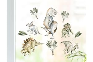 wolga-kreativ Fenstersticker Fensterdeko Fensterbilder Motiv Fensterfolie Glasdeko Selbstklebend Dinosaurier Flugdino T-Rex Palme wiederverwendbar Kinderzimmer Junge Jungenzimmer