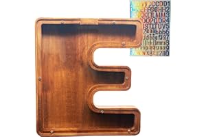 Wooden Letter Piggy Bank – Crefun HM284E New 23 cm/9.1 Inch Large Piggy Bank for Kids for Real Money, Coin Bank for Adult, Personalized Money Box for Home Decoration with Alphabet Stickers for DIY