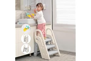 Growaystory Tritthocker für Kinder, Trittleiter Klappbar mit 3 Stufen, Faltbarer Höhenverstellbar, Sicherer, Lernturm, Trittschemel, Tritt-Schemel Kinderschemel für Baby (Grau)