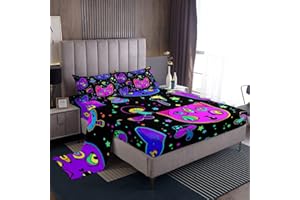 LOUSSIESD Set di biancheria da letto con motivi di gatti boho, biancheria da letto colorata per ragazzi e ragazze, fogli di letto con stelle, funghi e gatti, biancheria da letto glitterata per gattini carina e
