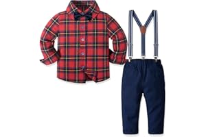 Angelwilla Baby Boy Outfits Set, 4pcs Toddler Dress Suit Baby Boys Clothes Sets Baby boy Clothes Gentleman Outfit Long Sleeve Shirts + Trousers + Suspenders + Bowtie