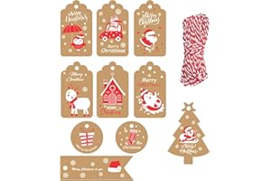 DENSCO Christmas Tags, 100 Pieces 10 Styles Kraft Paper Tag Hang Labels with 20M Cotton String for Decorating Christmas Trees or Packaging (7x4cm)