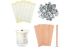 WITWAR Candle Wicks for Making Candles, 50 Piece Iron Stand and 60pcs Wooden Candle Wick Stickers Sets Natural Smokeless Scented Kit for Handmade Making DIY Scented Candle Holder Craft Supplies