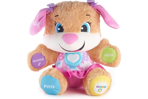 Fisher-Price la sœur de Puppy Eveil Progressif jouet bébé, peluche interactive, plus de 50 chansons et 3 niveaux, version française, 6 mois et plus, FPP52