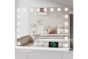 Moziel 80x60cm Specchio da Trucco Hollywood con Luci a 18 Led Montato a Parete o sul Tavolo, 3 Colori di Luce e Funzione di Luminosità Regolabile