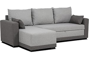 BUDWING Leah Sofá Cama Esquinero 3 Plazas - Chaise Longue Reversible y 2 Cojines Decorativos – Tapizado en Poliéster – Estilo Moderno – 233x124x69 cm – Gris Bicolor