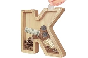 Wooden Letter Piggy Bank,Ompinda Personalized Wood Alphabet Letter Bank Money Box(Custom Name) Unbreakable Transparent Coin Piggy Bank Birthday Gift for Kids (K)