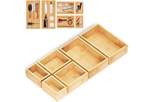 ALLILUYAA Pudełka do organizowania szuflad, wielofunkcyjny organizer do szuflad, naturalne produkty bambusowe, sortownik szuflad do biura, kuchni, sypialni, łazienki (6 sztuk)