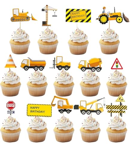 56 pezzi per veicoli da costruzione, cupcake, escavatore, decorazione per torte, auto, a tema di costruzione, cupcake, topper per camion, escavatori, torte, decorazioni per ragazzi e bambini, torte di