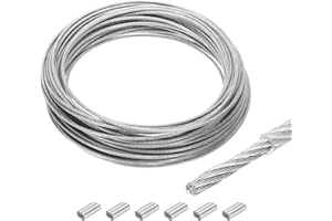 QUARKZMAN 30m Cable de Acero Inoxidable 304, 4mm OD Kit de Cuerda de Alambre con 6pcs Doble Orificio Aluminio Mangas PVC Recubierto para Cuerda Tendedero, Suspensión, Planta, Transparente