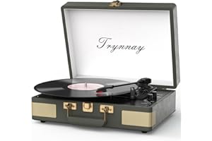 Trynnay Record Player 3 Speed Bluetooth Portable Suitcase Vinyl Player with Built-in Speakers Turntable Enhanced Audio Sound Waxed Leather Vintage Grey