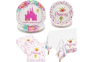 PTECDROTS Princess Party Decorations - Castle Decorations Including Pink Paper Plates, Napkins and Tablecloth for Baby Shower Princess Birthday Party Supplies, Serve 20