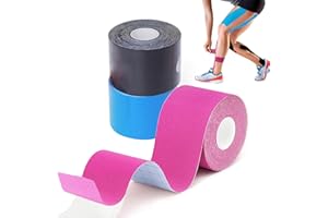 GTAGKOMMEN Tape Kinesiologico 3 Rotolo 5 cm x 5 m Tape Sportivo Kinesio Taping Taping Kinesiologico Impermeabile ed Elastico Nastro Kinesiologico cerotto kinesiologico Nero+Blu+Rosa
