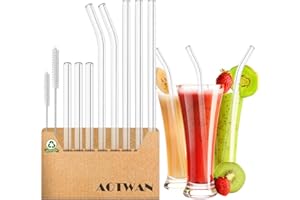 YINVA AOTWAN Glas Strohhalme Wiederverwendbar 10 Stück Glasstrohhalme, 3 Kurz + 3 Lange Geraden Glas-Strohhalme, 2 gebogenem Glas Trinkhalme mit 2 Reinigungsbürsten für Cocktails, Smoothie, Säfte