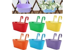 APACALI 6 Pack Metal Hanging Plant Pot, 27cm Balcony Planters for Railing, Over Fence Planters with Detachable Hooks, Hanging Flower Pots for Fence Garden Home Decor, 6 Colours