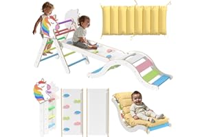 LOVIVO 7 in 1 Pikler Triangle Set with Mat, Baby Climbing Frame, Montessori Climbing Set for Toddlers Age 1-3, Foldable Wooden Indoor Playground for Kids, Arch Ramp Ladder