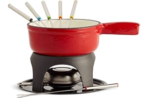 VonShef Fondue Set, Red Enamel Cast Iron Pan for Swiss-Style Cheese or Chocolate Fondue, Includes 6 Colour Coded Forks & Adjustable Burner
