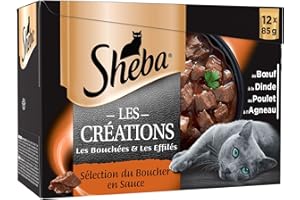 SHEBA Repas pour Chat - 48 Sachets Fraîcheur (Lot de 4 Packs 12x85g) - Pâtée pour Chat en Sauce - Boeuf/Agneau/Dinde/Poulet - Les Créations - Nourriture Complète & Equilibrée avec Ingrédients Naturels