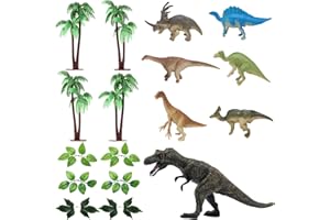 Neikafan 17 Pcs Dinosaur Cake Decorations Toppers Mini Dinosaurs Toys Set Artificial Leaves and Trees with Bases Dinosaur Figures for Boys for Crafts or Cake Decorations