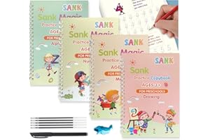 POPMANKO 4 Pack Magic Practice Copybook, Reusable Groove Calligraphy for Children, Magic Handwriting Calligraphy Copy Books for Kids, Preschool Tracing Book with Magic Pens (Multicolor Version C)