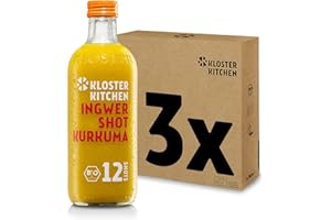 ‎KLOSTER KITCHEN Kloster Kitchen Bio Ingwer Shot Kurkuma 12SHOTS 3x 360 ml mit echten Ingwerstückchen, Ingwer Shots mit Kurkuma in Glasflasche, vegan ohne Zusatzstoffe & mit natürlicher Süße (inkl. 0,75€ EINWEG Pfand)