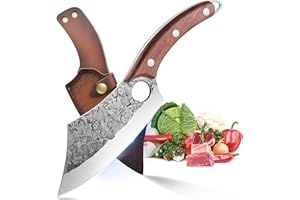 DRAGON RIOT Couteau de Chef Professionnel Couteau Cuisine Acier Carboné Coupant Couperet de Boucher Couteau à Viande Emincer Fruits Légumes avec Fourreau en Cuir pour Chasse Camping