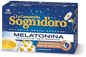 Camomilla Sogni d'oro solubile con melatonina, 16 Filtri, senza zuccheri e glutine, immediatamente solubile, facile da preparare, sonno rapido.