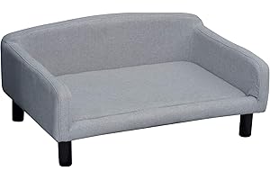 PawHut Hundesofa Hundebett Hundecouch aus Samt mit Rückenlehne, Holzbeine, Katzensofa für mittle Hunde 82 x 54 x 36 cm Hellgrau