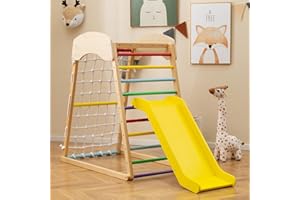 RELAX4LIFE Set di Arrampicata Multifunzione, Parco Giochi in legno Massello con Scivolo, Centro Attività da Interno, per Bambini 1 a 5 Anni (67x105x113 cm, Colorato)