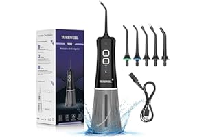 TUREWELL Irrigador Dental a Batería, Irrigador Bucal Profesional con 5 Boquillas Multifuncionales, Capacidad de 250ml, Limpieza Dientes, Aprobado por la FDA/CE, Negro