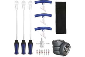 DASBET 14.5" Tire Spoon Tool Kit, Tire Changing Tools Removal Tools for Motorcycle, Dirt Bike, ATV, Including 3 Tire Spoons, 3 Rim Protectors, 6 Valve Cores, 1 Valve, 1 Portable Bag