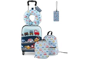 SOARS Maleta Infantil de 5 Piezas, Maleta Viaje con Mochila, Cojín Cervical, Bolsa de Almuerzo y Etiqueta de Equipaje, Equipaje Infantil con Ruedas y Asa Telescópica, para niños y niñas (Cochecito)