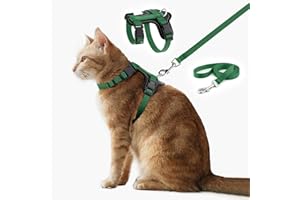 Plutus Pet Adjustable Cat Harness and Lead Set, Quick Release, Escape Proof Nylon Vest with Leather Trim for Kitten, Small Medium Large Cats, Green