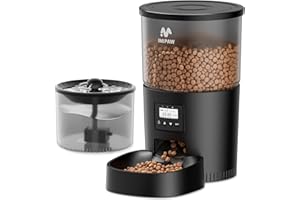 IMIPAW Comedero Gato Automatico y Fuente para Gatos Combo, Dispensador Comida para Perros, Gatos, 1-6 Comidas al Día, 1-20 Porciones por Comida, 3L Combo (Negro - Botón)