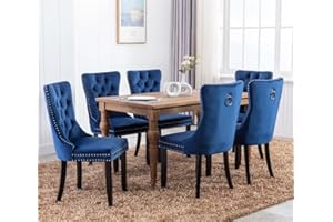 HomeTouch Luxury Velvet Dining Chairs Set of 6 Upholstered Knocker Wing Back Kitchen Dining Room Bedroom Chair with Oak Legs, Hand Made (Diamond Blue)