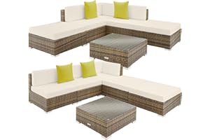 TecTake® Conjunto Jardín en Ratán y Aluminio con Cojines 10 cm, Conjunto Terraza Resistente a la Intemperie, Muebles Jardín Exterior 3 Sillones, 1 Puf, 1 Mesa Cristal, Fundas Extraíbles - Natural