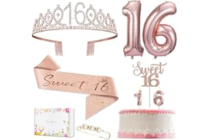 FALAMON 16th Birthday Decorations Gifts for Girls, Including 16th Birthday Sash and Rhinestone Crown Tiara, Pearl Pin, Birthday Balloon, Birthday Candle and Cake Toppers Birthday Party Supplies(Rose Gold)