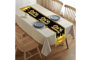 KEPMOV Eid Mubarak Tischläufer, Schwarz Gold Eid Mubarak Dekorationen für Tisch, Islamische Ramadan Eid Mubarak Tischdecke für Zuhause Esszimmer Muslimisch Ramadan Mubarak Festival Party Feiern, 180 x 35 cm