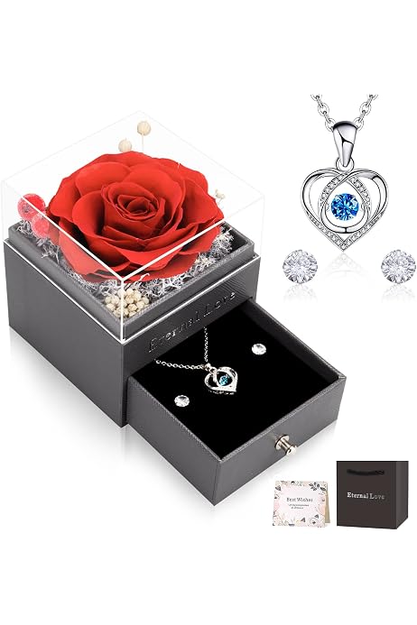 Rosa Preservada Real Roja Con Collar 'I Love You' - Regalo Eterno Para Mamá, Esposa, Novia