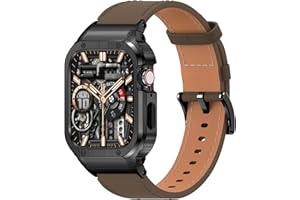SUPLINK Metallgehäuse mit Lederarmband Kompatibel mit Apple Watch Armbändern 44mm,Robuste Edelstahl Schutzhülle Bumper Echtes Lederarmband für iWatch Serie 6/5/4/SE für Herren(Kaffee/Schwarz)