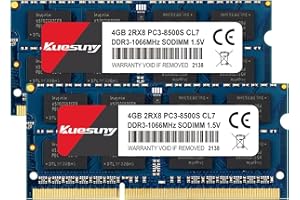 Kuesuny 8GB Kit (2x4GB) DDR3 1066MHz / 1067MHz SODIMM 204 Pin 1.5V CL7 No ECC Sin búfer 2RX8 PC3-8500 PC3-8500S Memoria RAM para computadora portátil para Intel AMD Mac