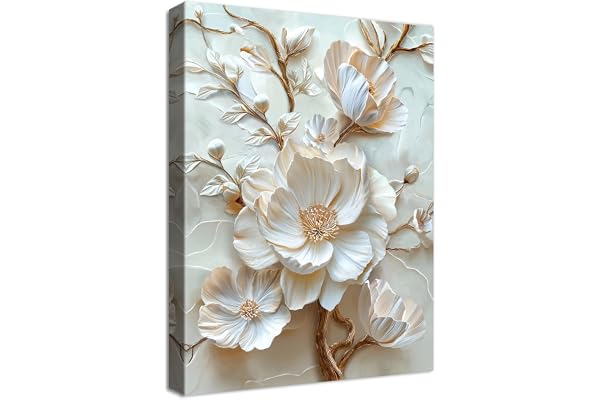 HALFLEMART Trä inramad kanvas väggkonst 3D vit pion blommålning på duk tryck affisch beige blommiga bilder för vardagsrum sov