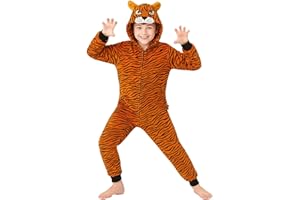 A2Z 4 Kids Girls Boys Tiger Costume Soft Plush Fleece Playsuit Children One Piece Cosplay Suit Kids Animal Hooded Jumpsuit All in One Tiger Xmas Pyjamas Age 2-14 Years