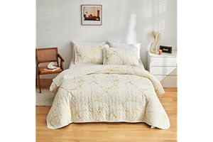HAVOP Bedspread Double Size Beige Light Cream Quilted Bedspreads Gold Marble Printed Luxury Soft Microfiber Bedspreads Coverlet All Season Bed Throw Bed Spread Bedding Set