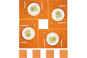 BECHEN Vinyl Placemats and Coasters Set of 4,Washable Table Mats Easy to Clean Leater Placemats for Dining Table (Orange)